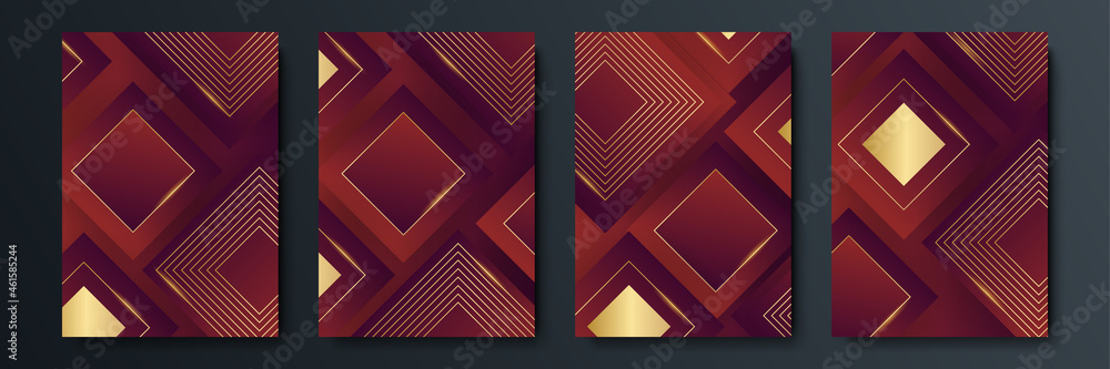 Set of luxury geometric cover design or greeting card templates with golden shiny elements on red background. Suit for social media post, mobile apps, banner design and web or internet ads Set of luxury geometric cover design or greeting card templates with golden shiny elements on red background. Suit for social media post, mobile apps, banner design and web or internet ads