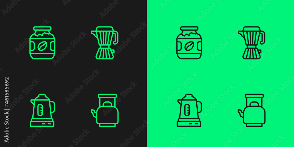 Set line Kettle with handle, Electric kettle, Coffee jar bottle and maker moca pot icon. Vector Set line Kettle with handle, Electric kettle, Coffee jar bottle and maker moca pot icon. Vector