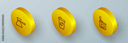 Set Isometric line Coffee turk, cup to go and Manual coffee grinder icon. Vector