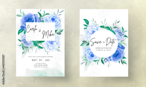 beautiful hand drawing blue flower wedding invitation card © mariadeta