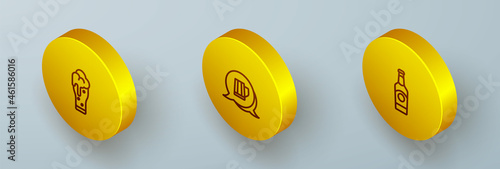 Set Isometric line Glass of beer, Wooden mug and Beer bottle icon. Vector