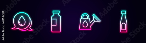 Set line Water drop with speech bubbles, Bottle of water, Watering can and . Glowing neon icon. Vector