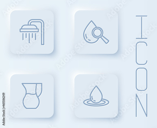 Set line Shower  Drop and magnifying glass  Jug with water and Water drop. White square button. Vector