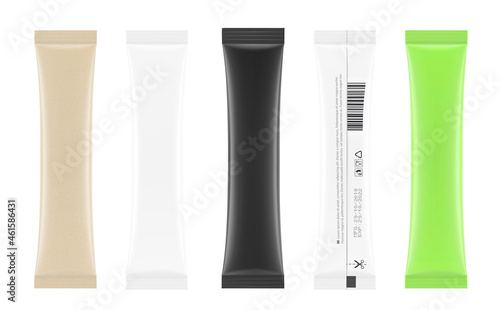 Set of realistic packaging stick mockup. Front and rear side. Vector illustration isolated on white background. It can be used for sugar, coffee, ketchup, powder, cosmetics and etc. EPS10.	