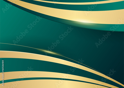 Abstract green wave background vector. Luxury green background combine with glowing golden lines. Overlap layer textured background
