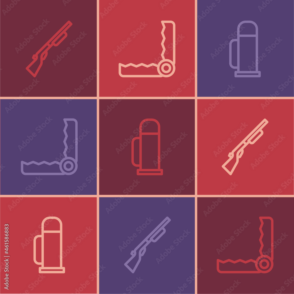 Set line Hunting gun, Thermos container and Trap hunting icon. Vector Set line Hunting gun, Thermos container and Trap hunting icon. Vector