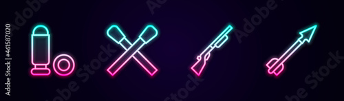 Set line Bullet, Burning match with fire, Hunting gun and Medieval arrow. Glowing neon icon. Vector