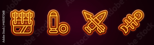 Set line Quiver with arrows, Bullet, Crossed bullet and Dead fish. Glowing neon icon. Vector