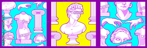 Seamless patterns . Mythical greek ancient sculpture in modern contemporary stylization. Funny background or wallpaper in vaporwave style.