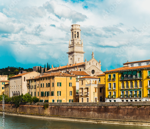 Panoramic of Verona crossed by the river Adige, with the tower of the Cathedral of Santa Maria Matricolare in the background. photo