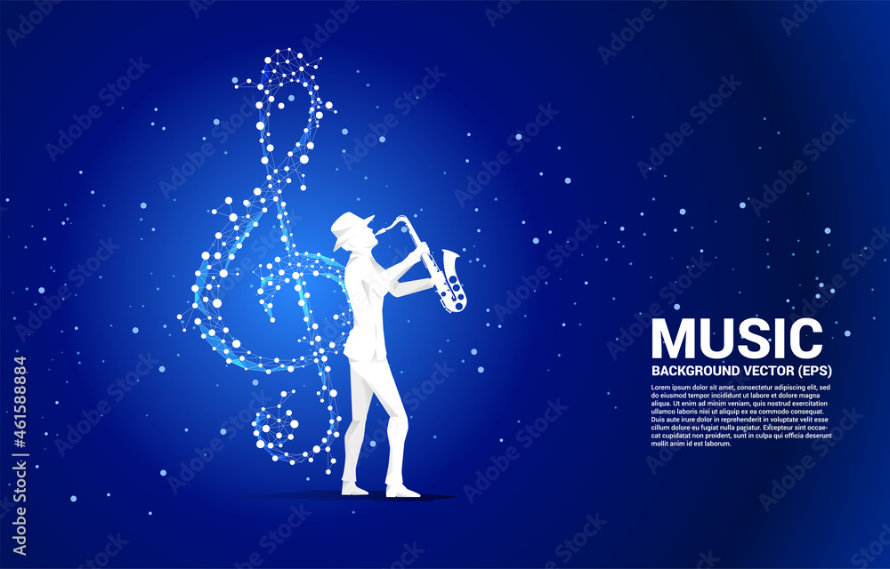 Vector saxophonist with sol music key note from dot connect line. Concept background for song and concert theme.