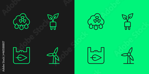 Set line Wind turbine, Shopping bag with recycle, Acid rain radioactive cloud and Electric saving plug leaf icon. Vector