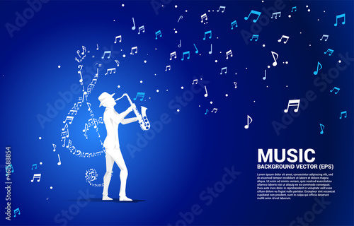 Vector silhouette of saxophonist with music melody note dancing flow . Concept background for classic music concert and recreation.