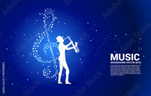 Vector saxophonist with sol music key note from dot connect line. Concept background for song and concert theme.