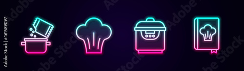 Set line Cooking pot and spice, Chef hat, Slow cooker and Cookbook. Glowing neon icon. Vector