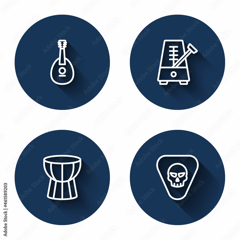 Set line Mandolin, Metronome with pendulum, African darbuka drum and Guitar pick with long shadow. Blue circle button. Vector Set line Mandolin, Metronome with pendulum, African darbuka drum and Guitar pick with long shadow. Blue circle button. Vector