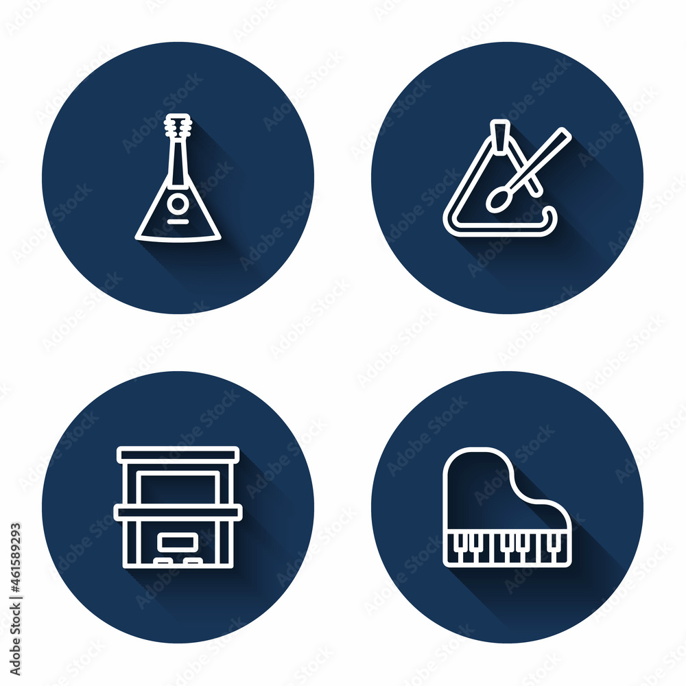 Set line Balalaika, Triangle musical instrument, Piano and Grand piano with long shadow. Blue circle button. Vector Set line Balalaika, Triangle musical instrument, Piano and Grand piano with long shadow. Blue circle button. Vector