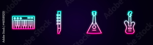 Set line Music synthesizer, Flute, Balalaika and Electric bass guitar. Glowing neon icon. Vector