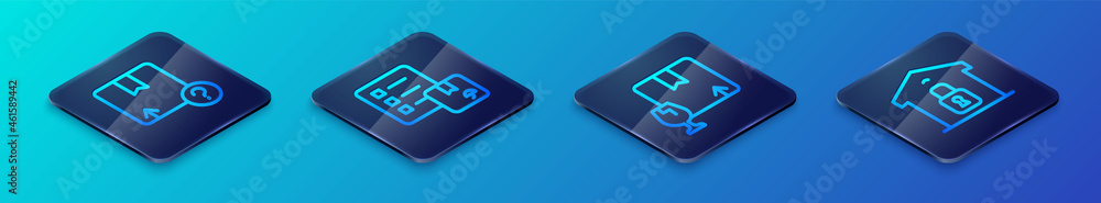 Set Isometric line Package box with fragile content, Carton cardboard, Closed warehouse and Verification of delivery list icon. Vector Set Isometric line Package box with fragile content, Carton cardboard, Closed warehouse and Verification of delivery list icon. Vector