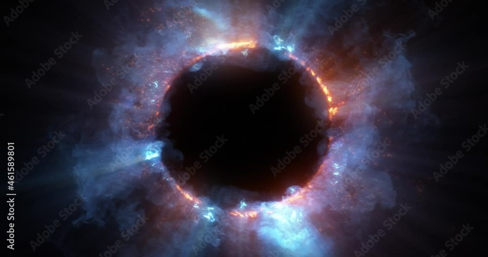 Red, Orange and Blue Energy Plasma Ring. abstract loop of iridescent multicolored flowing particles and raging fire, magic sci-fi effect with light rays. 4K seamless loop isolated on black