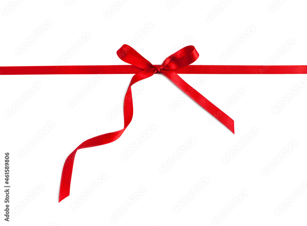 Red elegant gift bow on white. Red horizontal ribbon, curved. Red elegant gift bow on white. Red horizontal ribbon, curved.