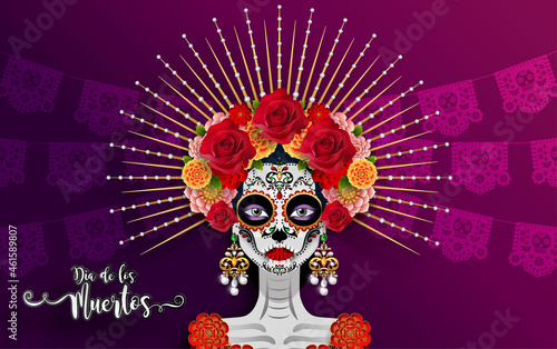 Day of the dead, Dia de los muertos, sugar skull with marigold flowers wreath on paper black color Background.