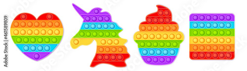 Pop it sensory vector toy. Bubble pop it fidget vector. Popit fidget toy. 3d realistic antistress fidgeting toy Rainbow popular popit shaped as unicorn, heart, funny cupcaKe, and square.  photo