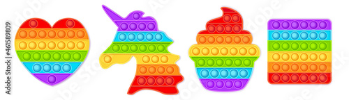 Pop it sensory vector toy. Bubble pop it fidget vector. Popit fidget toy. 3d realistic antistress fidgeting toy Rainbow popular popit shaped as unicorn, heart, funny cupcaKe, and square. 
