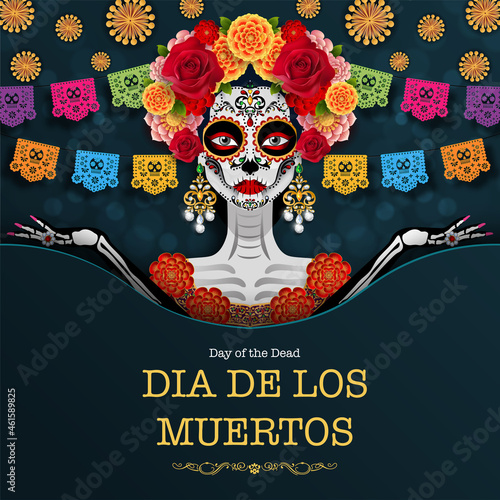 Day of the dead, Dia de los muertos, sugar skull with marigold flowers wreath on paper black color Background.