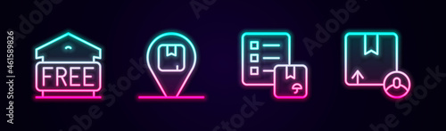 Set line Free storage, Location with cardboard box, Verification of delivery list and Carton. Glowing neon icon. Vector