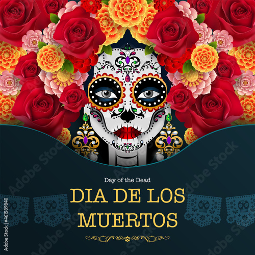 Day of the dead, Dia de los muertos, sugar skull with marigold flowers wreath on paper black color Background.