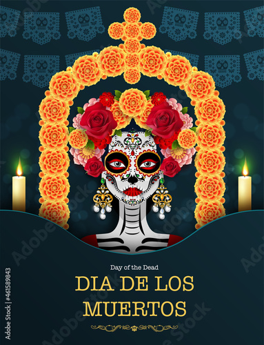 Day of the dead, Dia de los muertos, sugar skull with marigold flowers wreath on paper black color Background.