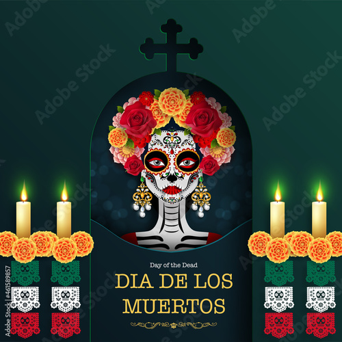 Day of the dead, Dia de los muertos, sugar skull with marigold flowers wreath on paper black color Background.