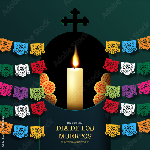 Day of the dead, Dia de los muertos, sugar skull with marigold flowers wreath on paper black color Background.