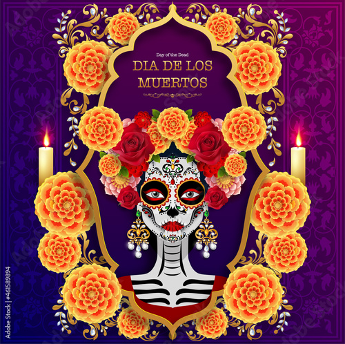 Day of the dead, Dia de los muertos, sugar skull with marigold flowers wreath on paper black color Background.