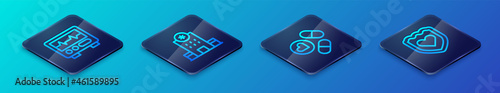 Set Isometric line Medicine pill or tablet, Monitor with cardiogram, Immune system and Hospital building icon. Vector