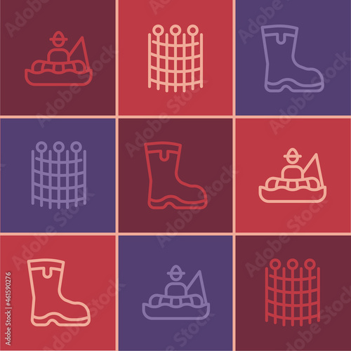 Set line Fisherman in boat, Fishing boots and net pattern icon. Vector