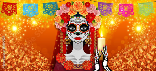 Day of the dead, Dia de los muertos, sugar skull with marigold flowers wreath on paper black color Background.