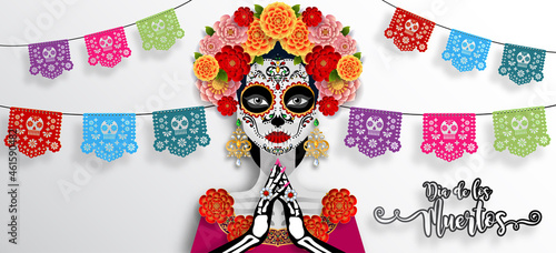 Day of the dead, Dia de los muertos, sugar skull with marigold flowers wreath on paper black color Background.
