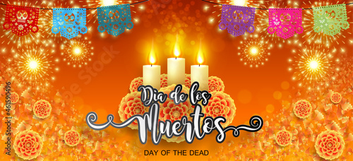 Day of the dead, Dia de los muertos, sugar skull with marigold flowers wreath on paper black color Background.
