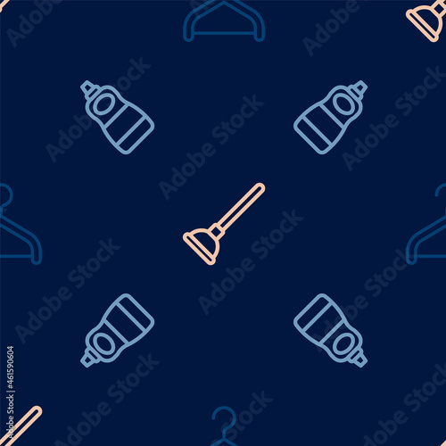 Set line Hanger wardrobe, Dishwashing liquid bottle and Rubber plunger on seamless pattern. Vector