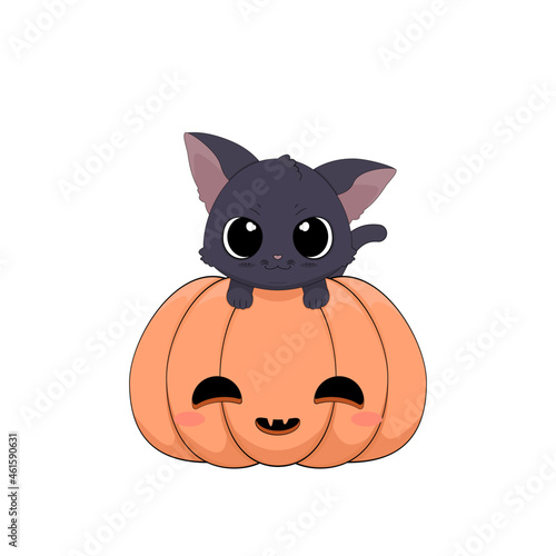 Odważny czarny kot wspinający się na dynię. Ilustracja wektorowa na Halloween. Cukierek albo psikus! Uroczy ręcznie rysowany mały kotek.