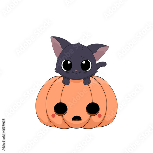 Słodki czarny kot wspinający się na dynię. Ilustracja wektorowa na Halloween. Cukierek albo psikus! Uroczy ręcznie rysowany mały kotek.