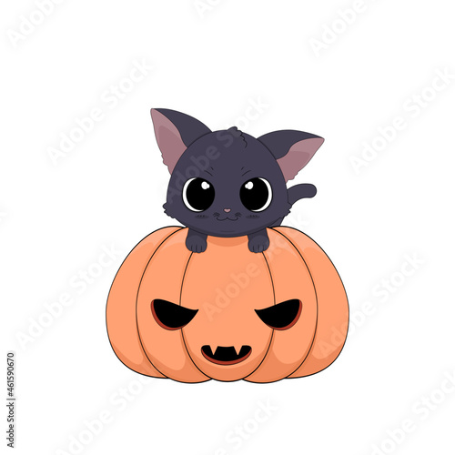 Słodki zadziorny czarny kot wspinający się na dynię. Ilustracja wektorowa na Halloween. Cukierek albo psikus! Uroczy ręcznie rysowany mały kotek.
