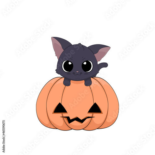 Słodki zadziorny czarny kot wchodzący na dynię. Ilustracja wektorowa na Halloween. Cukierek albo psikus! Uroczy ręcznie rysowany mały kotek.
