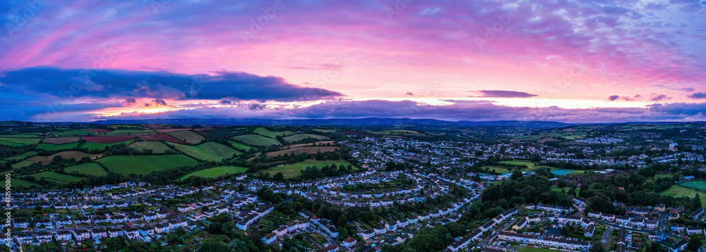 Panorama of Sunset over Torquay Fields from a drone, Devon, England, Europe