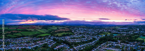 Panorama of Sunset over Torquay Fields from a drone, Devon, England, Europe