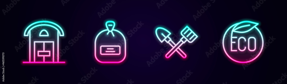 Set line Farm house, Pack full of seeds, Shovel and rake and Eco healthy food. Glowing neon icon. Vector Set line Farm house, Pack full of seeds, Shovel and rake and Eco healthy food. Glowing neon icon. Vector