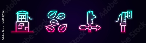 Set line Well, Seeds of specific plant, Rooster weather vane and Garden hose. Glowing neon icon. Vector