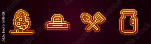 Set line Fruit tree, Farmer worker hat, Shovel and rake and Glass jar with screw-cap. Glowing neon icon. Vector